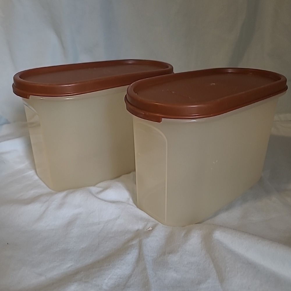 Lot 2 Vintage Tupperware Container Storage Modular Mates w/Brown Lids 1612 1616